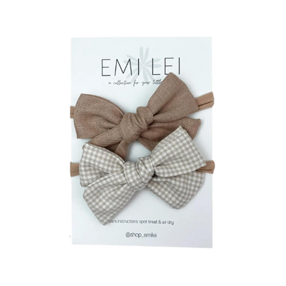 Nylon Bow Headband Set - Taupe Linen & Mini Check