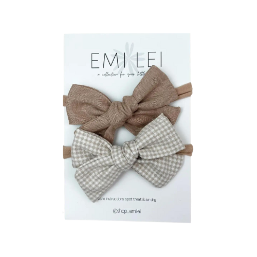 Nylon Bow Headband Set - Taupe Linen & Mini Check